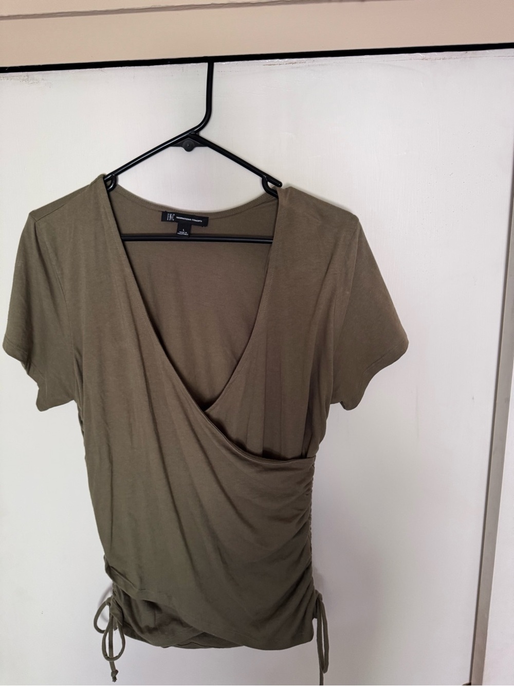 INC International Concepts Olive Surplice Short Sleeve Top